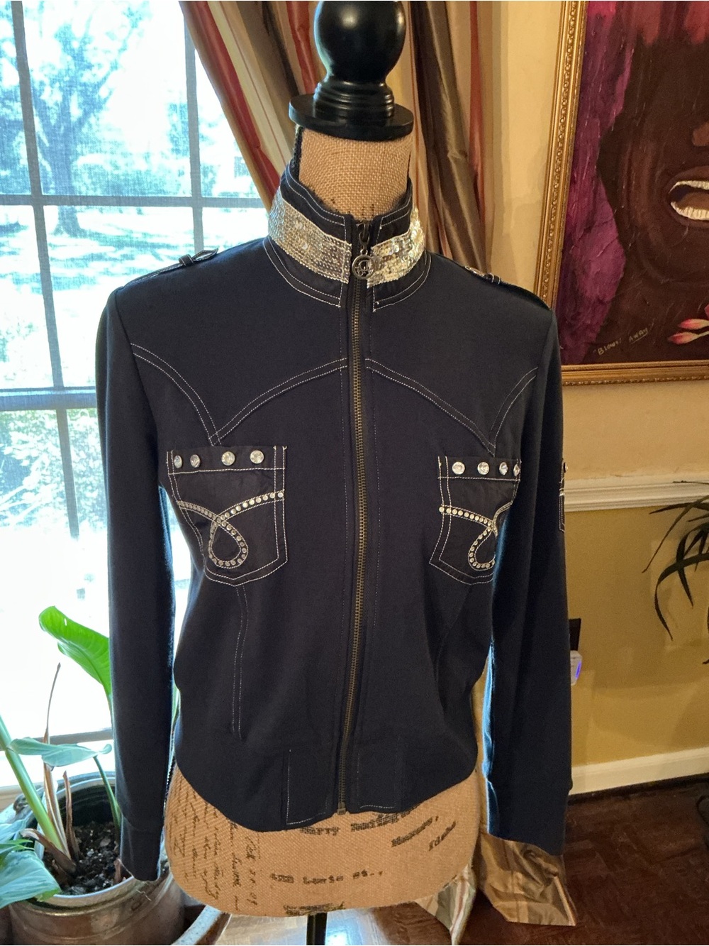 Dior Navy Zip Utility Jacket with Silver Metallic Collar